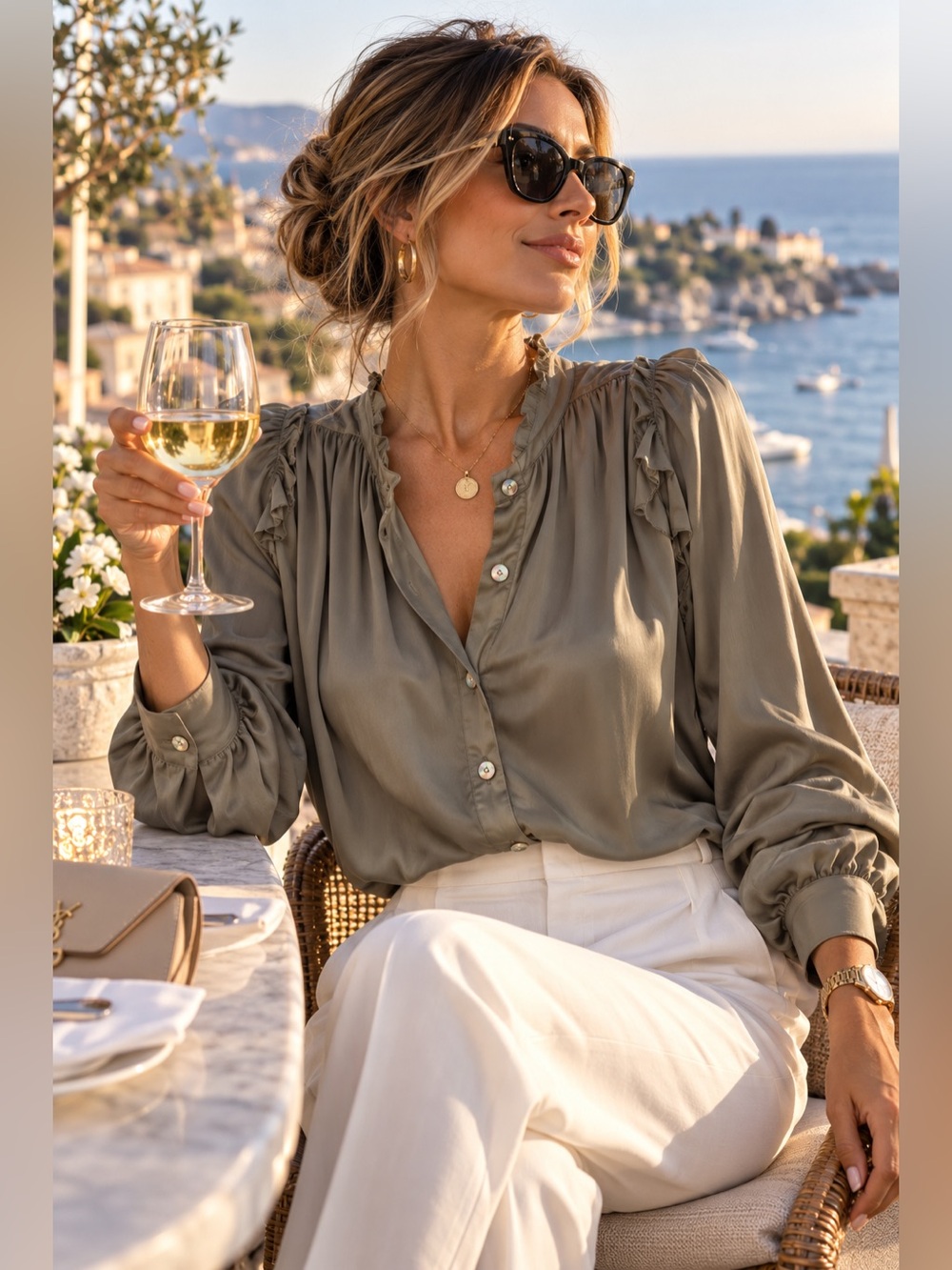 NEW Brochu Walker Smoky Sage Ruffle Shoulder Silky Blouse Quiet Luxury